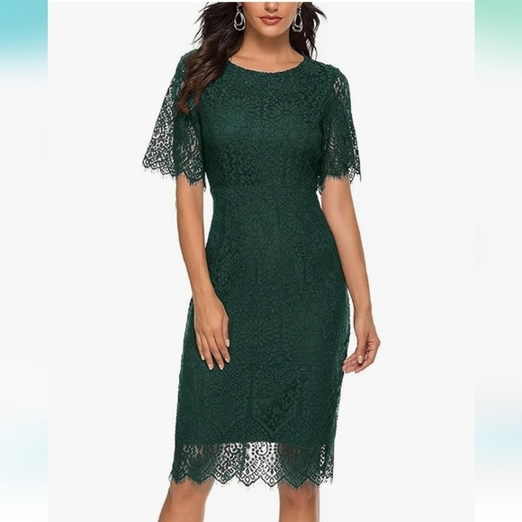 Green Flutter Sleeve Sheath Midi Dress for Wedding Guest - Picture 2 of 11
